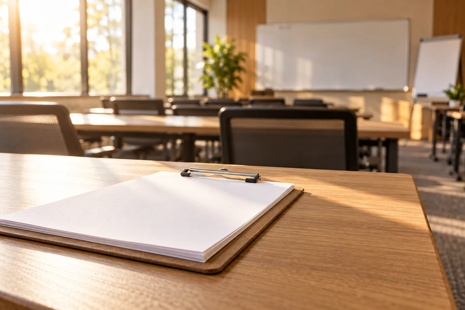 Sala de capacitación con documentos preparados sobre una mesa