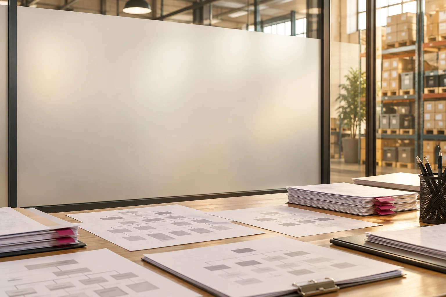 Documentos y expedientes sobre una mesa de trabajo junto al área de almacén
